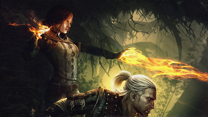application homme et femme walpaper, The Witcher, dark, The Witcher 2: Assassins of Kings, Triss Merigold, Geralt of Rivia, Fond d'écran HD
