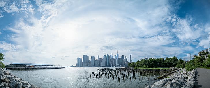New York City, Manhattan, East River, himmel, park, sommar, HD tapet