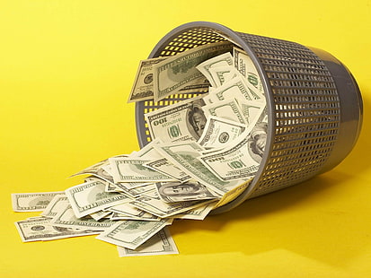 Lote de notas de dólar dos EUA, dinheiro, balde, amarelo, detritos, HD papel de parede HD wallpaper