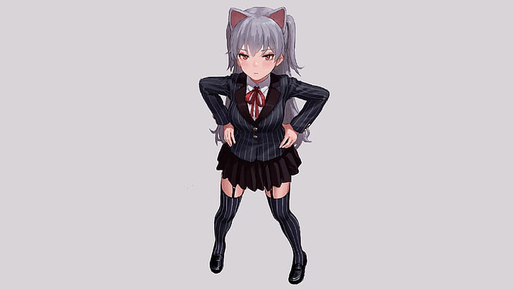 anime, manga, anime girls, schoolgirl, simple background, minimalism, nekomimi, silver hair, gray hair, stockings, cat ears, HD wallpaper