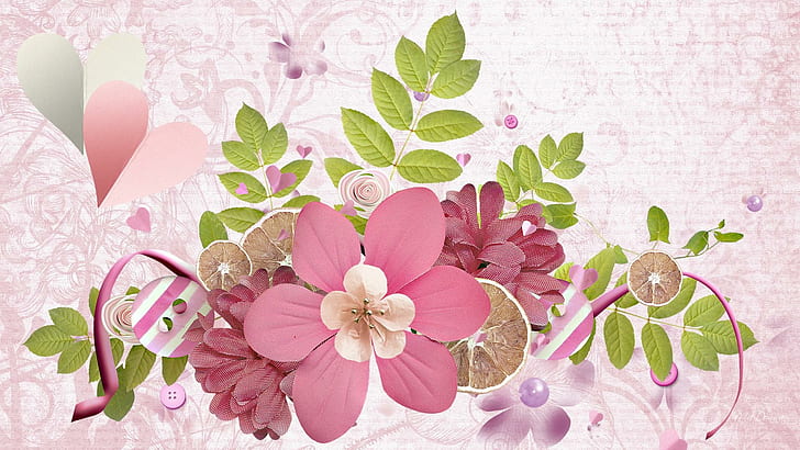 Spring Celebration, leaves, pink, flowers, fern, mauve, vintage, buttons, artistic, spring, fragrant, summer, nature, HD wallpaper