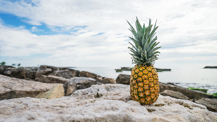 4k, stones, pineapple, beach, fruit, HD wallpaper