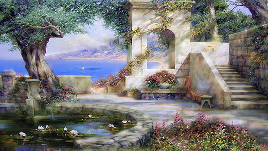 painting, art, fountain, patio, nature, crimea, tree, landscape, flower, artwork, pond, garden, HD wallpaper HD wallpaper