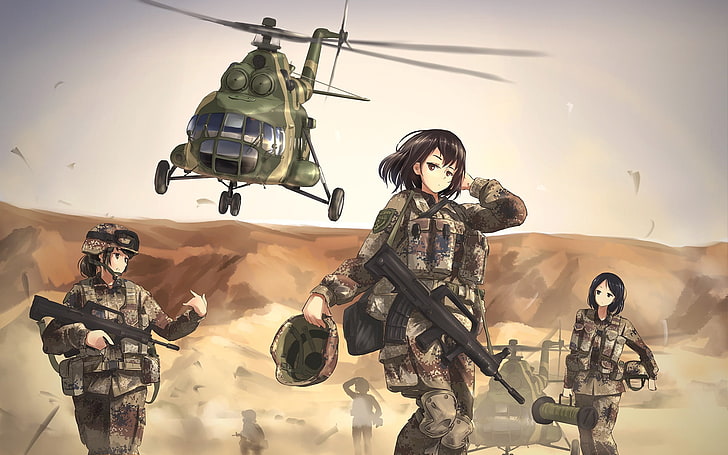 female anime characters wallpaper, TC1995, military, Mi-8, women, anime girls, weapon, helicopters, girls with guns, HD wallpaper