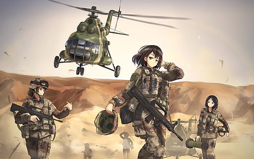 female anime characters wallpaper, TC1995, military, Mi-8, women, anime girls, weapon, helicopters, girls with guns, HD wallpaper HD wallpaper