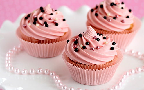 Dessert, cupcakes, crème, rose, perles, Dessert, Cupcakes, crème, rose, Perles, Fond d'écran HD HD wallpaper