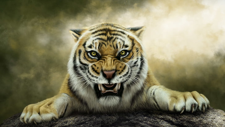 Artwork, Tiger, Roaring, HD wallpaper