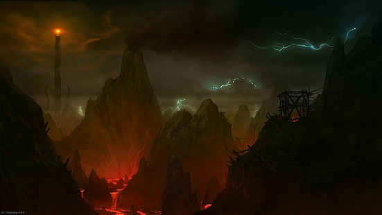 Arte de fantasía, Lava, mordor, montaña, Sauron, El señor de los anillos, Fondo de pantalla HD HD wallpaper