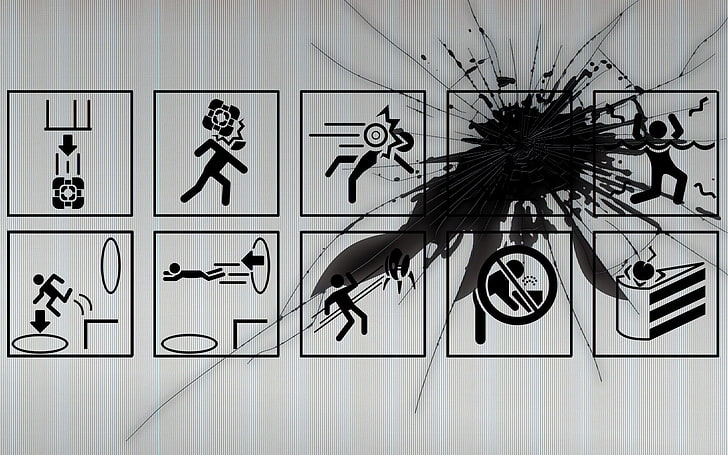 black and white illustration, Portal (game), video games, Valve Corporation, warning signs, digital art, artwork, symbols, HD wallpaper