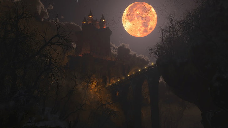 Замъци, замък, артистичен, тъмен, замъкът на Дракула, обитаван от духове, луна, страшен, HD тапет
