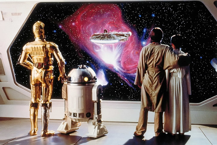 Star Wars, Star Wars Episode V: The Empire Strikes Back, C-3PO, Carrie Fisher, Leia Organa, Luke Skywalker, Mark Hamill, Millennium Falcon, R2-D2, Robot, Space, Stars, HD wallpaper