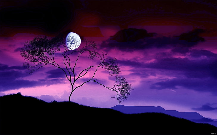 art, clouds, dusk, hills, landscapes, moon, mountains, nature, night, purple, sky, HD wallpaper