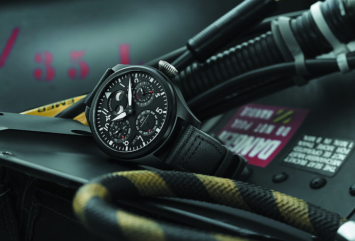 round black chronograph watch with black strap, watch, cable, IWC, Pilot's, stylish, HD wallpaper