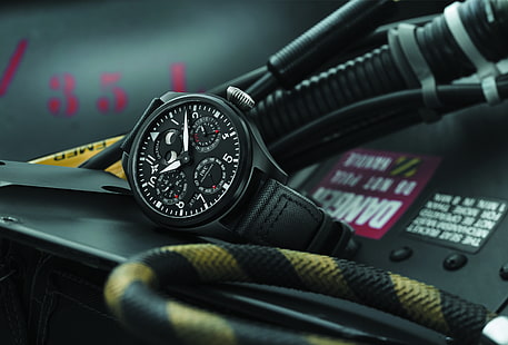 relógio cronógrafo preto redondo com pulseira preta, relógio, cabo, IWC, Pilot's, elegante, HD papel de parede HD wallpaper