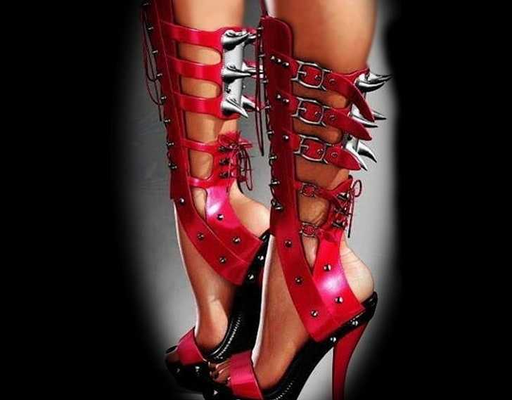 Black On Red Gladiator Platform Heels, red, pretty, vivid, lovely, lips hails eyes hair art, oh yes I would, black, bright color, unique, women are special, beautiful, heels, platform, shoes, female trendsetters, gladiator, bold, HD wallpaper