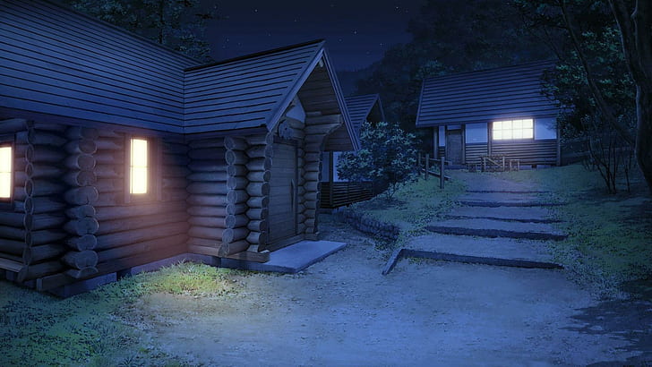 Night in camp, brown wooden house, digital art, 1920x1080, forest, night, log cabin, HD wallpaper