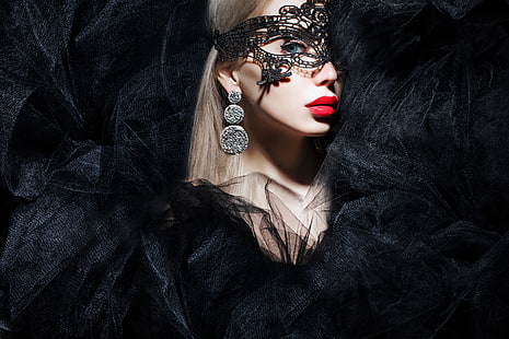 women's black floral masquerade mask, look, girl, background, model, makeup, mask, HD wallpaper HD wallpaper