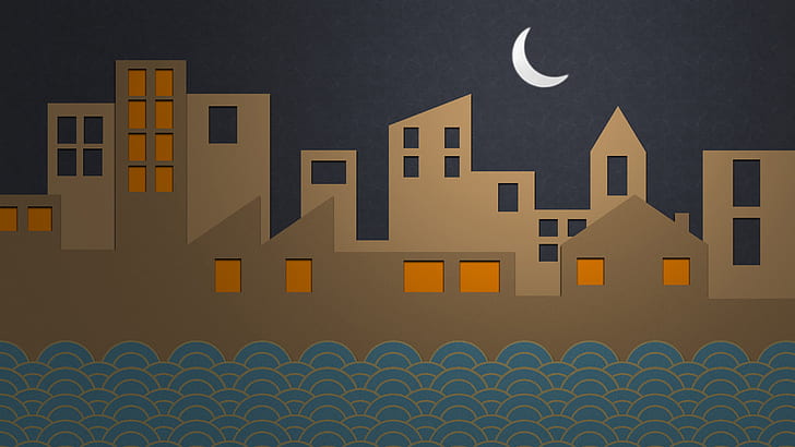 Creative City Moon, sketsa rumah beton berwarna coklat pada malam hari, bulan, kota, kreatif, Wallpaper HD