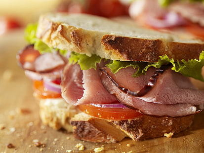 sándwich de carne fría, comida, hamburguesas, sándwich, lechuga, pan, tomates, Fondo de pantalla HD HD wallpaper
