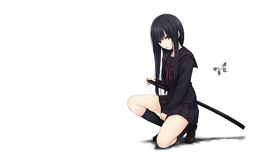 female animated character holding black sword wallpaper, school uniform, anime girls, simple background, Coffee-Kizoku, original characters, anime, HD wallpaper HD wallpaper