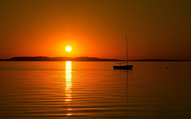 coucher de soleil, silhouette, bateau, mer, heure d'or, réflexion, lumière du soleil, Fond d'écran HD