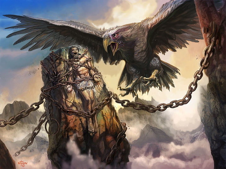 eagle and chain painting, painting, birds, Greek, Prometheus (mythology), liver, HD wallpaper