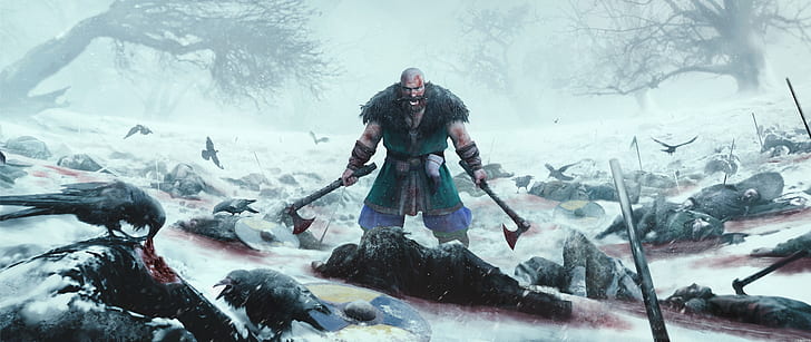 Fantasy, Viking, Axe, Battle, Fog, Warrior, Winter, HD wallpaper