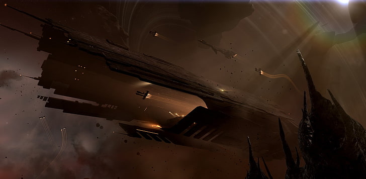 sfondo di nave spaziale da battaglia, EVE Online, fantascienza, spazio, astronave, Minmatar, Hel, Rifter, videogiochi, Sfondo HD