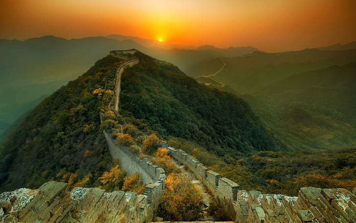 Китайская стена, пейзажная живопись, вид, прекрасный, холмы, Великая китайская стена, горы, трава, красиво, закат, Великая китайская стена, HD обои