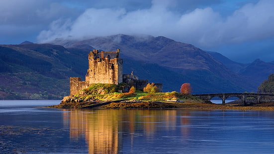 bridge, castle, Eilean Donan, lake, landscape, mountain, Scotland, UK, HD wallpaper HD wallpaper