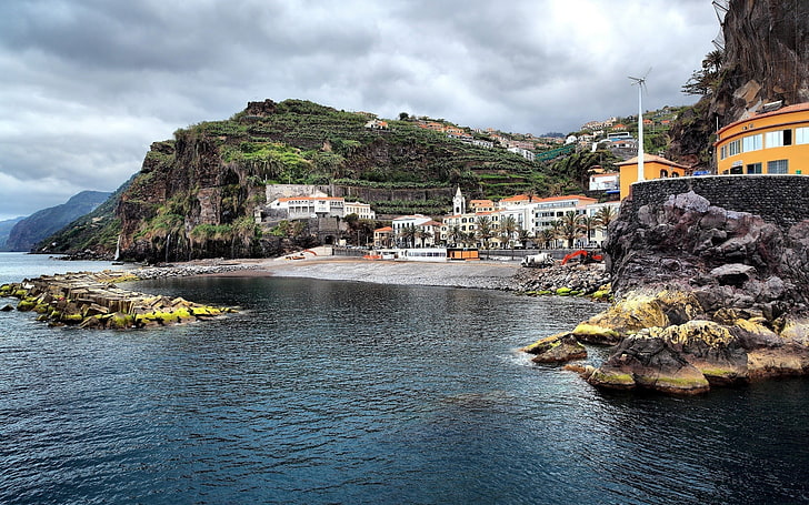 calmo corpo de água, paisagem, paisagem urbana, Ponta do Sol, Portugal, HD papel de parede