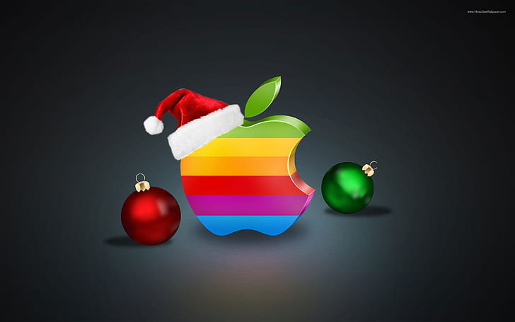 Regnbågens färger Apple-logotyp, julgranskulor och hatt, Regnbåge, färger, Apple, logotyp, jul, bollar, hatt, HD tapet