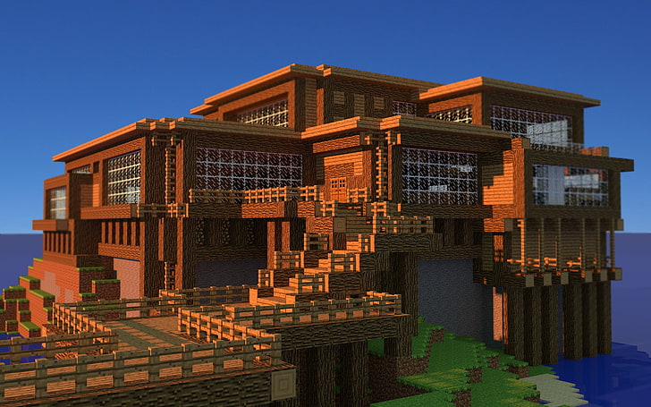 Снимка на екрана на приложението за игра Minecraft, къща, небе, вода, minecraft, HD тапет