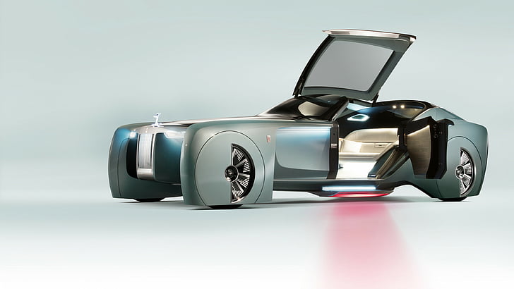 supercar abu-abu di atas permukaan putih, Rolls-Royce Vision Next 100, mobil masa depan, futurisme, perak, Wallpaper HD