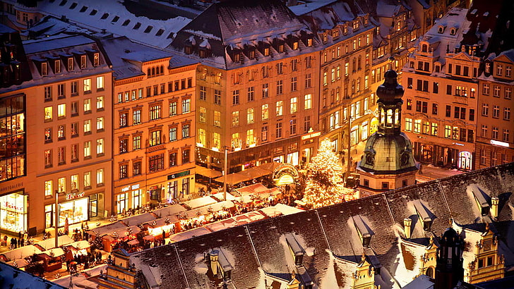 огни, праздник, Германия, площадь, Рождество, Саксония, ярмарка, Старая ратуша, Лейпциг, HD обои