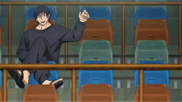 Jujutsu Kaisen, Fushiguro Toji, улыбается, Сиденье, аниме, Скриншот из аниме, аниме парни, HD обои