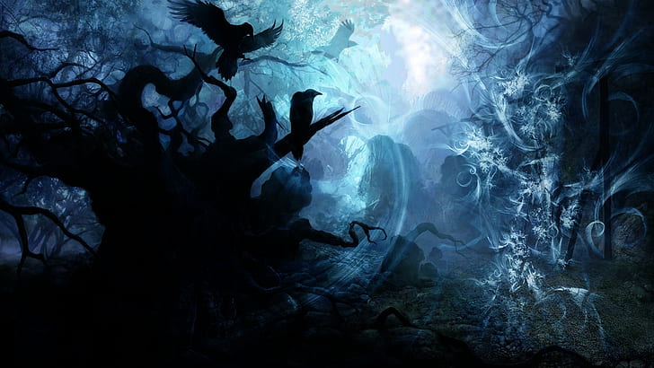 صورة ظلية شجرة والغربان خلفية رقمية ، فن الخيال ، الطيور ، الظلام، خلفية HD