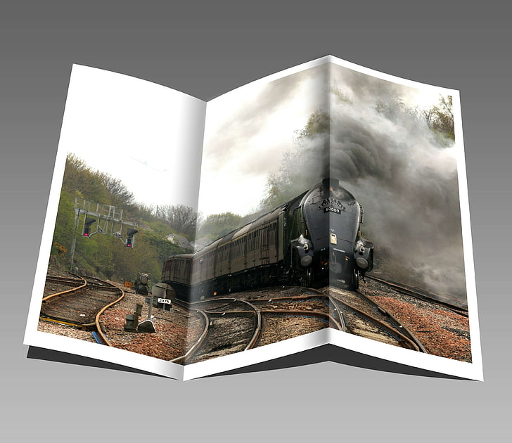 booklet, crease, engine, line, locomotive, pamphlet, rail, railways, smoke, steam, train, trees, HD wallpaper