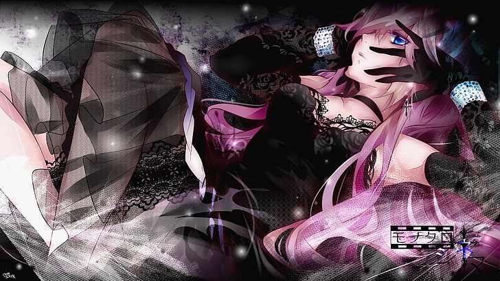 ilustração de anime feminino, Vocaloid, Megurine Luka, vestido preto, jóias, cabelos longos, luvas, meninas anime, cabelo rosa, olhos azuis, HD papel de parede