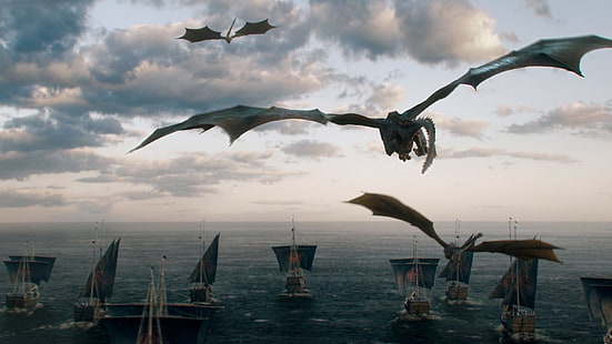 иллюстрация дракона и лодок, сериал, игра престолов, дракон, HD обои HD wallpaper