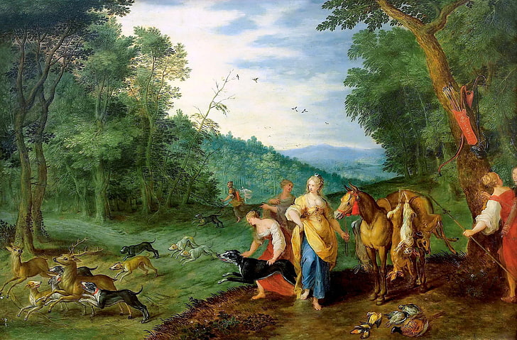 cuadro, mitología, Jan Brueghel el menor, Diana en la caza, Fondo de pantalla HD