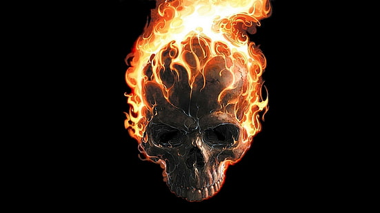 arte digitale sfondo nero minimalismo cranio denti fuoco fantasma cavaliere locandina film bruciando fumetti meraviglia fumetti, Sfondo HD HD wallpaper