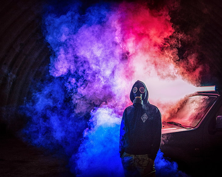homme portant papier peint numérique masque à gaz, masque à gaz, homme, fumée, coloré, Fond d'écran HD