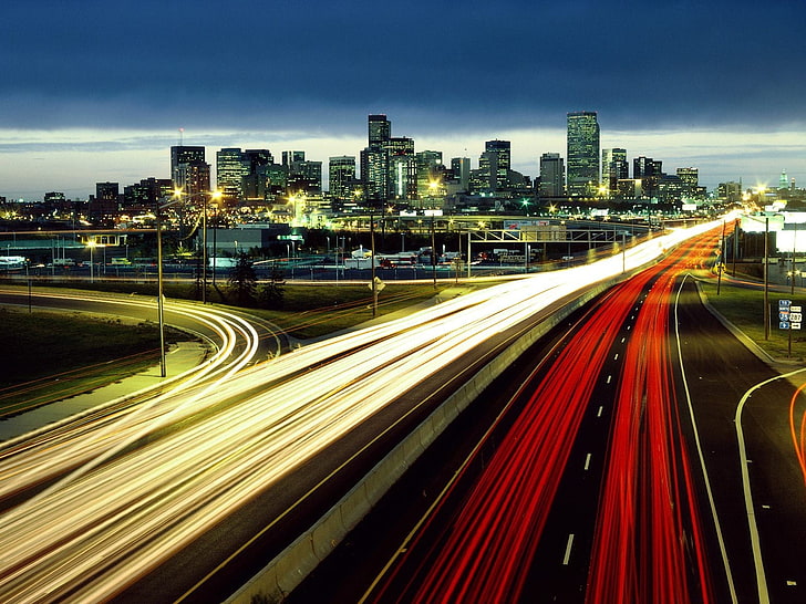 time lapse photography of city street, Denver, cityscape, light trails, road, HD wallpaper