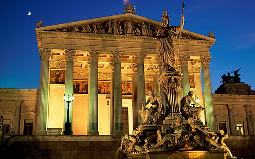 architecture, athena, austria, building, fountain, night, pallas, parliament, wien, HD wallpaper HD wallpaper