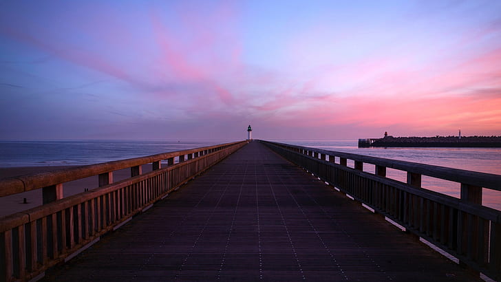 桟橋、灯台、地平線、海、空、朝、 HDデスクトップの壁紙