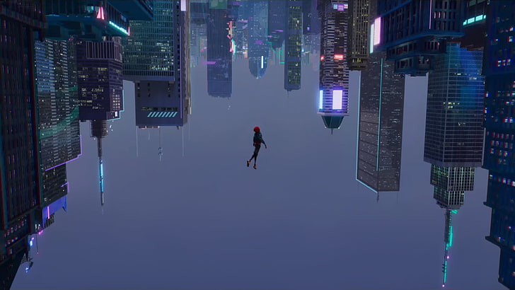luzes de neon, Homem-Aranha, arranha-céu, Miles Morales, HD papel de parede
