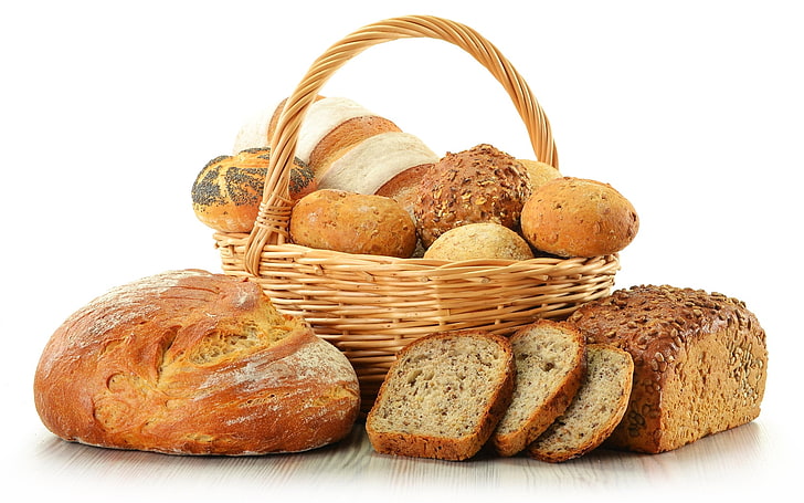 baked breads, basket, bread, rolls, poppy seeds, slices, HD wallpaper