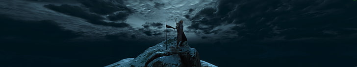 man standing on mountain photo, The Witcher 3: Wild Hunt, Geralt of Rivia, triple screen, The Witcher, HD wallpaper