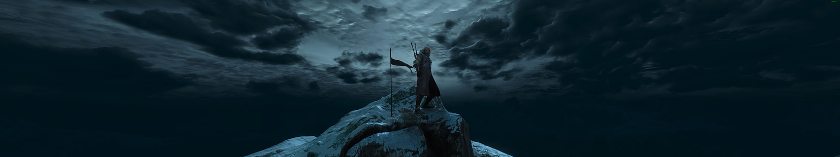 человек, стоящий на горе фото, Ведьмак 3: Дикая Охота, Геральт из Ривии, тройной экран, Ведьмак, HD обои HD wallpaper